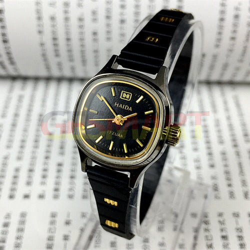 Gold HAIDA 23mm manual mechanical lady watch with black dial, 17 jewels, 3 hands for elegant timekeeping.