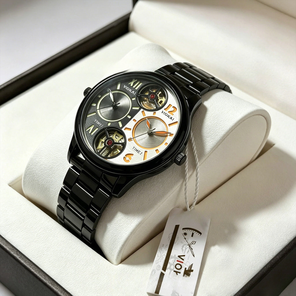 GESMART Men's Dual Time Zone Watch Steel Band Luminous Water Resistant Business