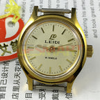 Leidi 27mm steel manual mechanical lady watch with 18 jewels and golden dial, paired with matching watch band.