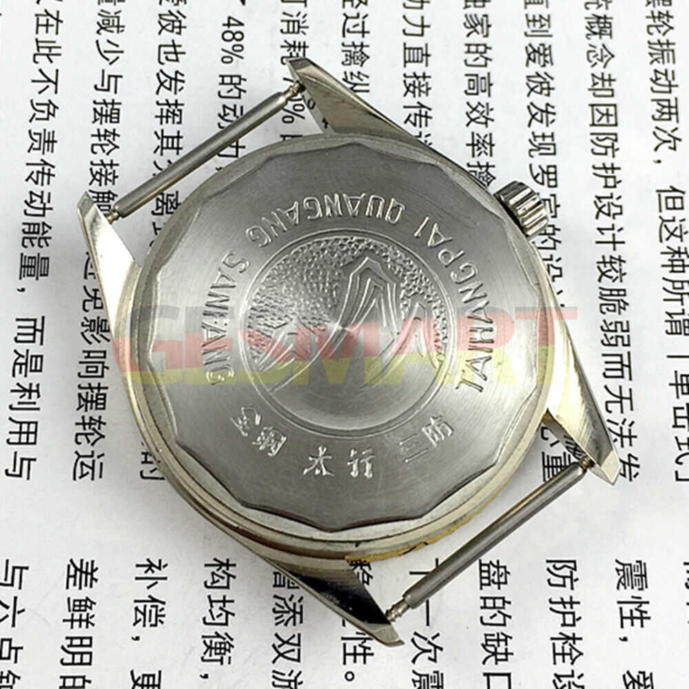 38mm TAIHANG manual mechanical watch with golden dial, nail markers, round case, featuring 17 jewels.