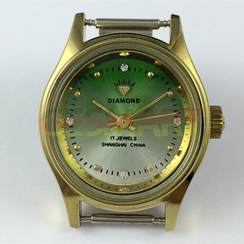 25mm SHANGHAI DIAMOND oval lady watch with green dial, manual mechanical movement, and 17 jewels.