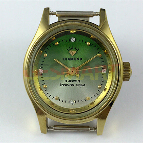 25mm SHANGHAI DIAMOND oval lady watch with green dial, manual mechanical movement, and 17 jewels.