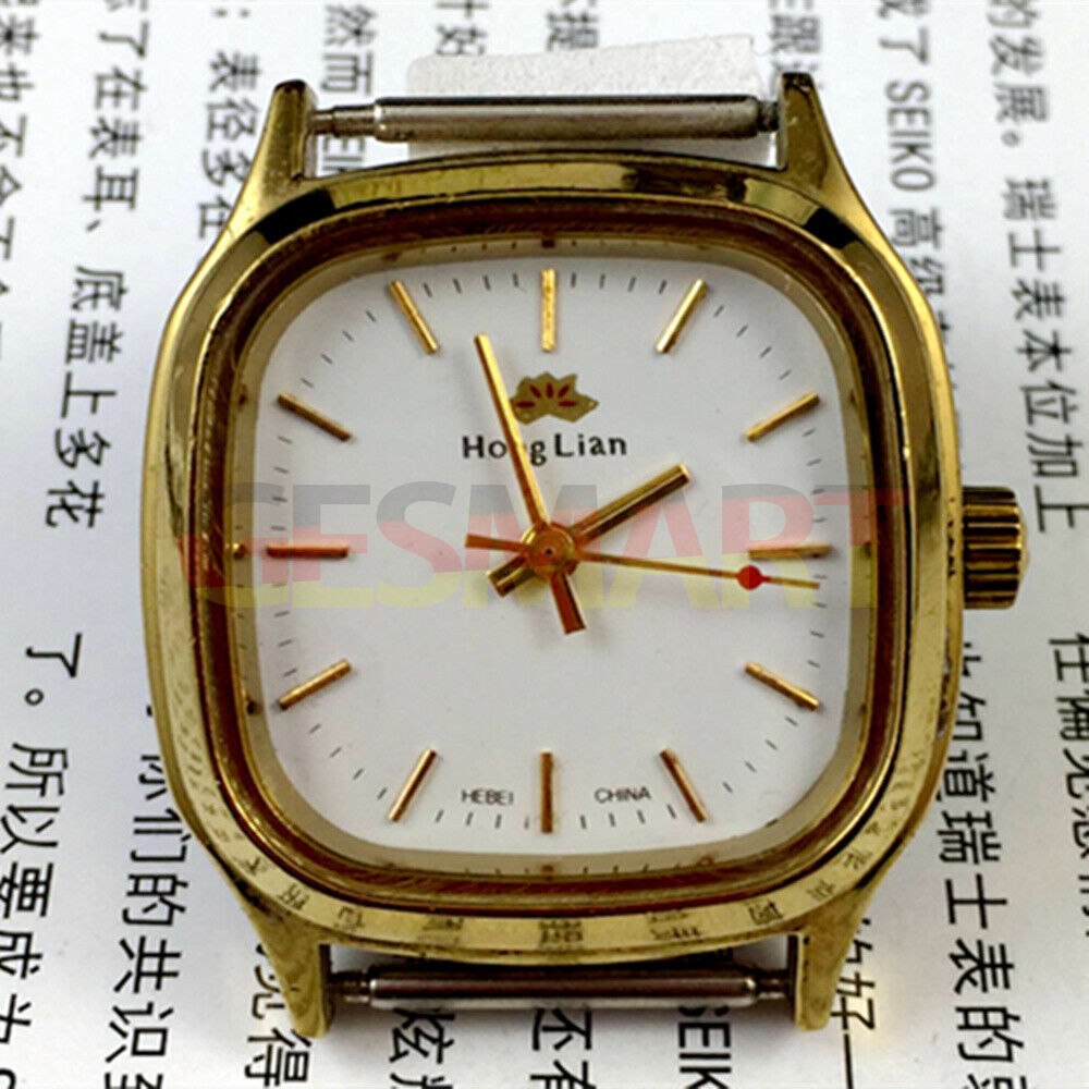 HONGLIAN manual mechanical watch with golden nail accents, square golden case, and white dial for elegant style.
