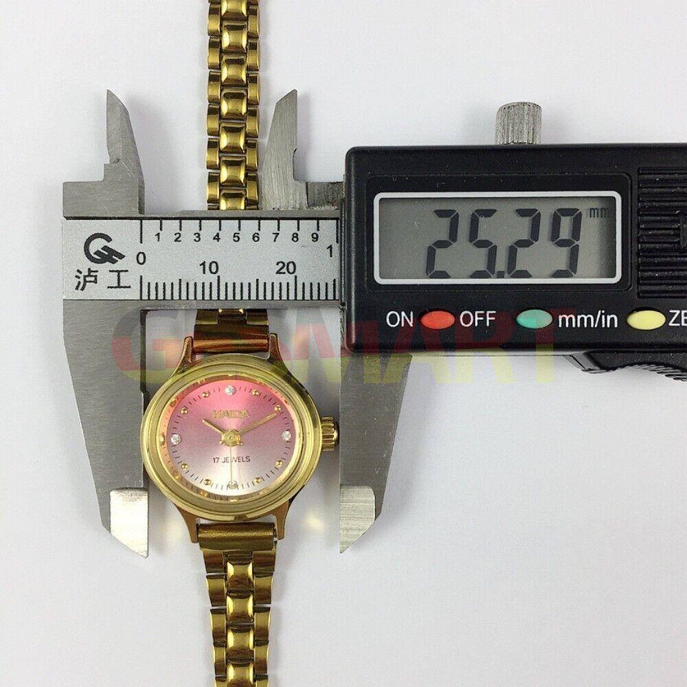 HAIDA 25mm ladies' mechanical watch with pink gradient dial, golden nail markers, and 17 jewels for elegant style.