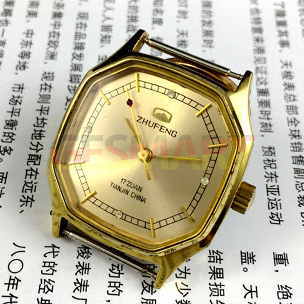 Tianjin Zhufeng 34mm octagonal golden nail case mechanical watch, manual winding with classic design.