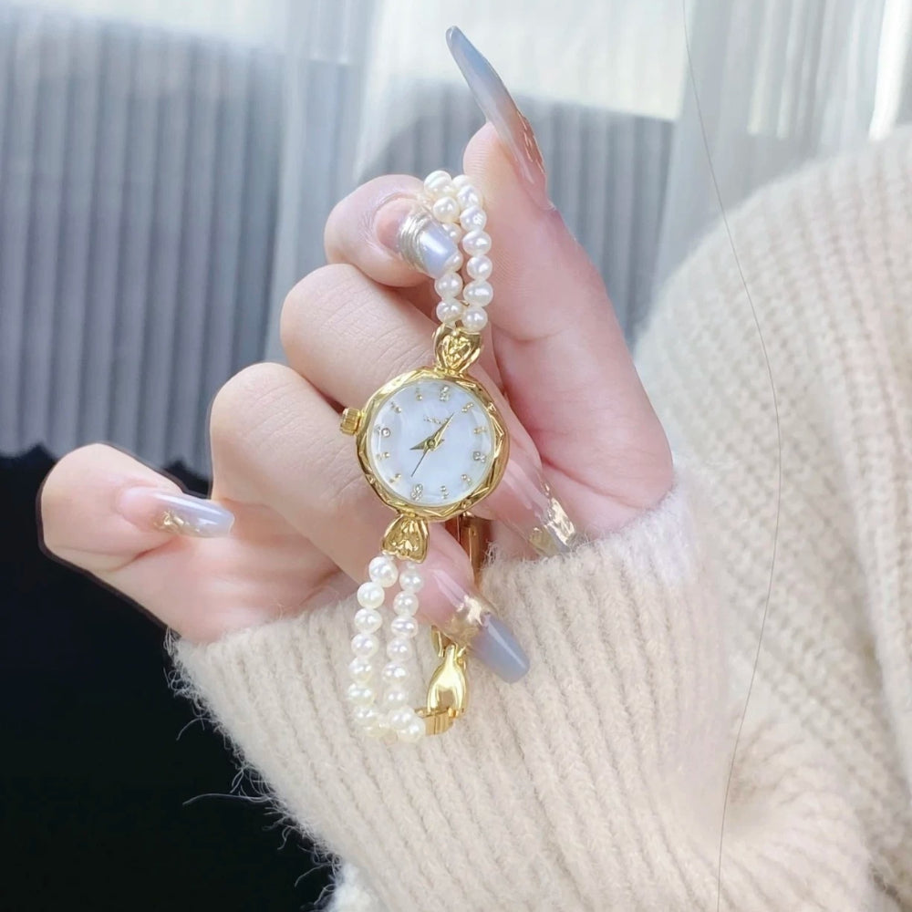 Ladies Pearl Chain Bracelet Watch Mother of Pearl Dial Japan Style Elegant