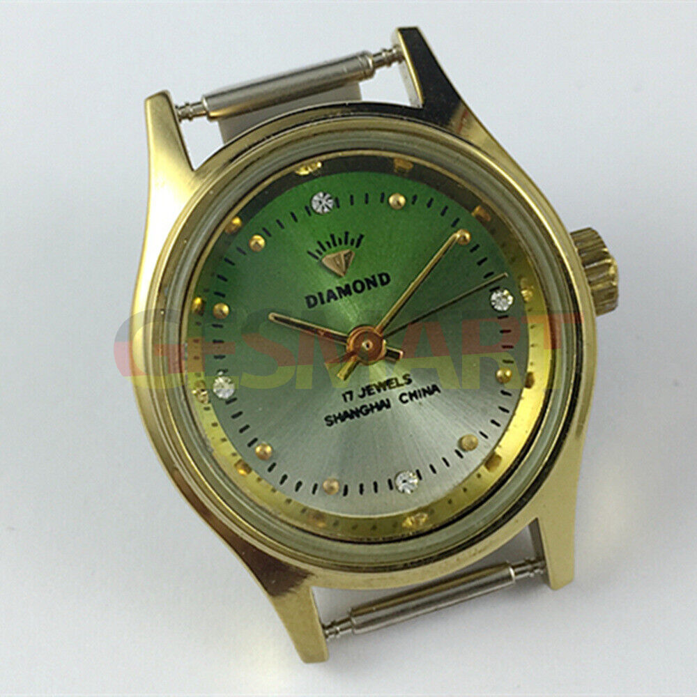 SHANGHAI DIAMOND 25mm oval lady watch with green dial, manual mechanical movement, 17 jewels.
