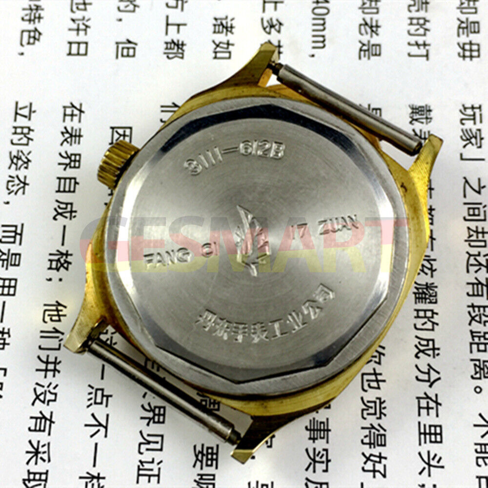 33mm Kongque steel manual watch with 17 jewels, golden dial, and adjustable stainless steel band.