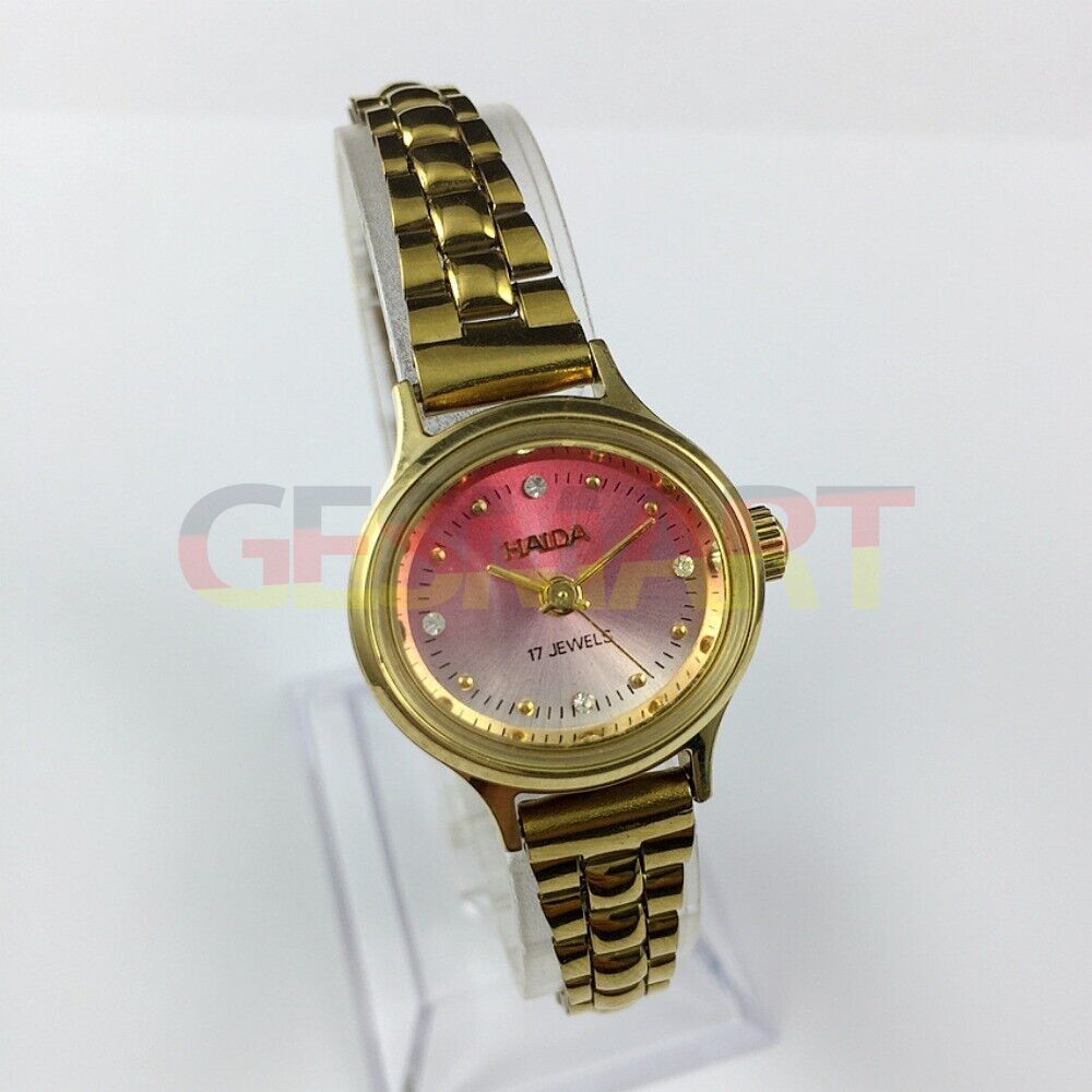 HAIDA 25mm ladies' mechanical watch with golden nail markers, 17 jewels, and pink gradient dial.