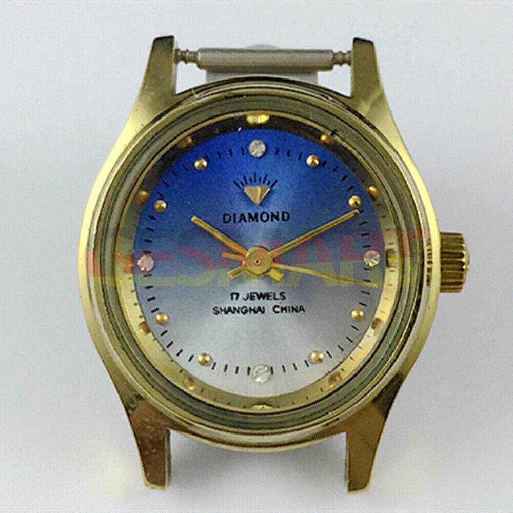 25mm SHANGHAI DIAMOND oval manual mechanical lady watch with blue dial and 17 jewels for elegant style.