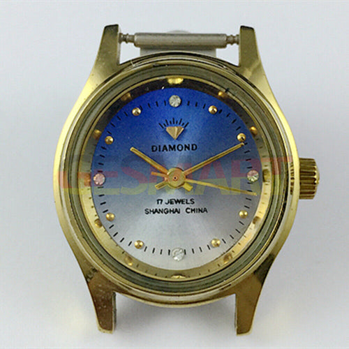 25mm SHANGHAI DIAMOND oval manual mechanical lady watch with blue dial and 17 jewels for elegant style.