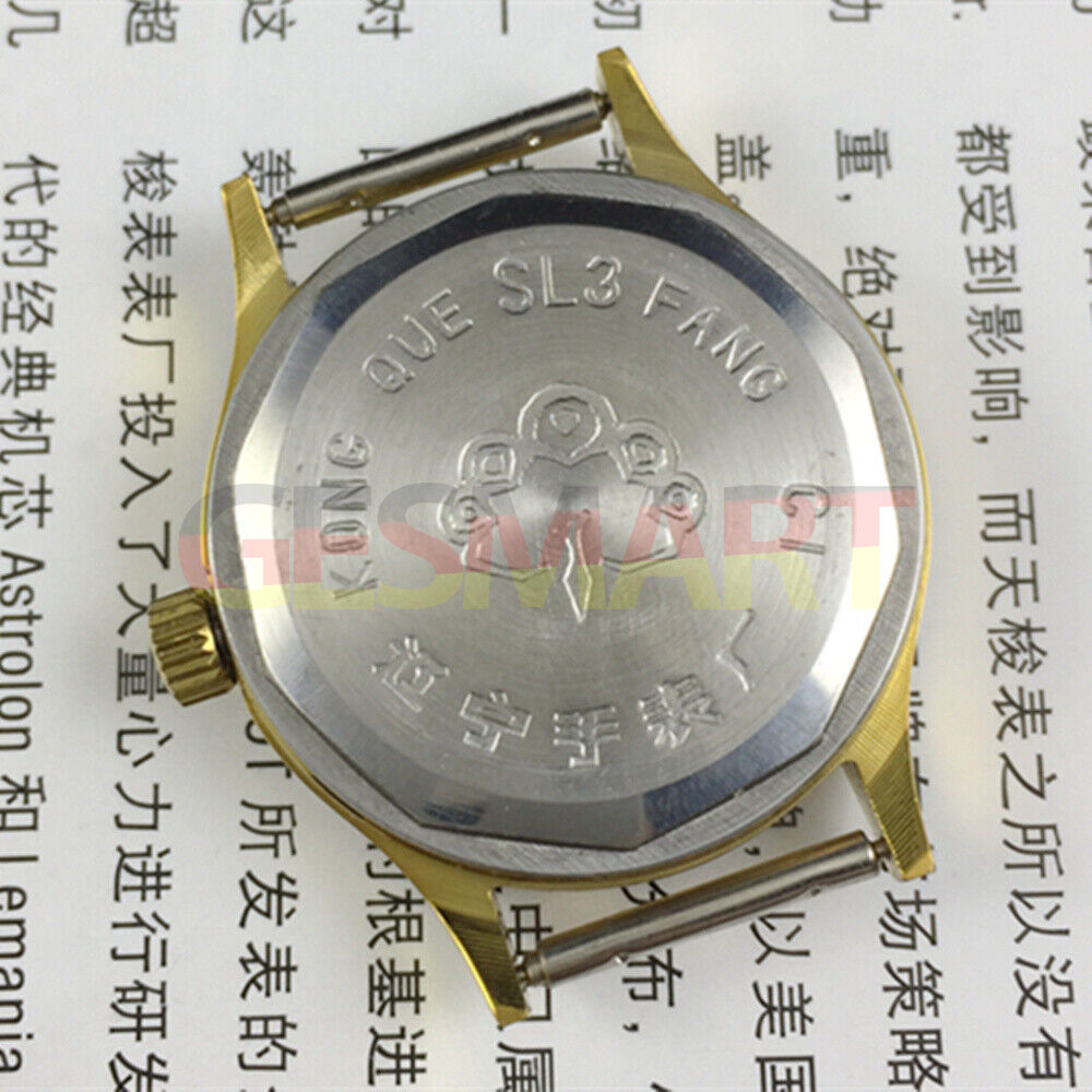 33mm Dandong manual mechanical watch with 17 jewels, black dial, and gold nail markers for classic style.