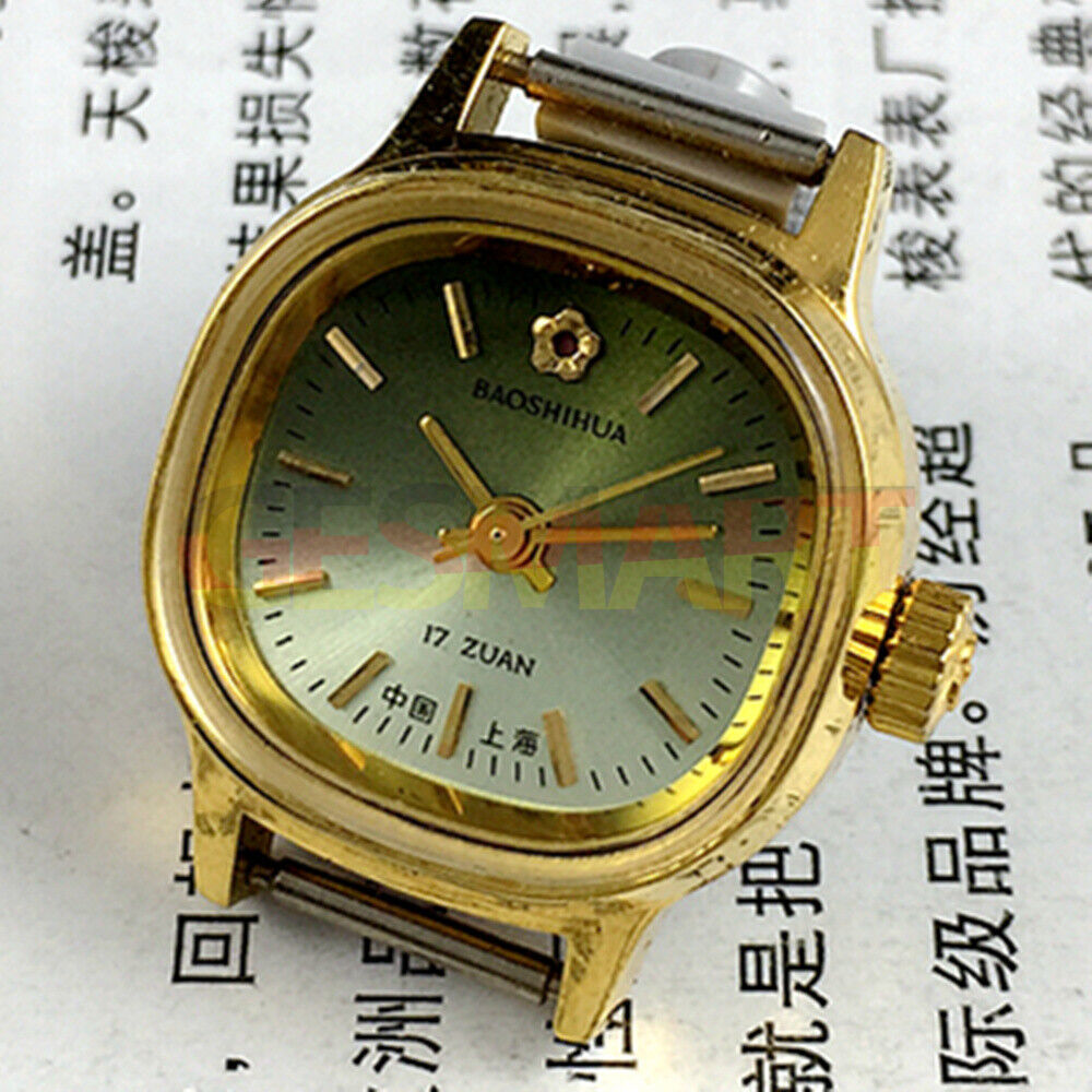 Shanghai Manual Mechanical Lady Watch with green dial, golden nail markers, 17 jewels, and square case for elegant style.
