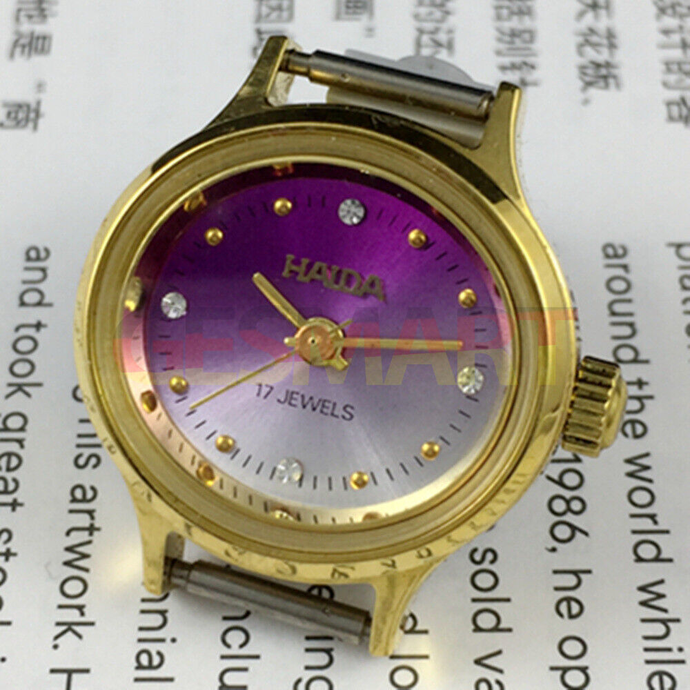 HAIDA 25mm manual mechanical lady watch with golden nail markers and gradient purple dial, featuring 17 jewels movement.