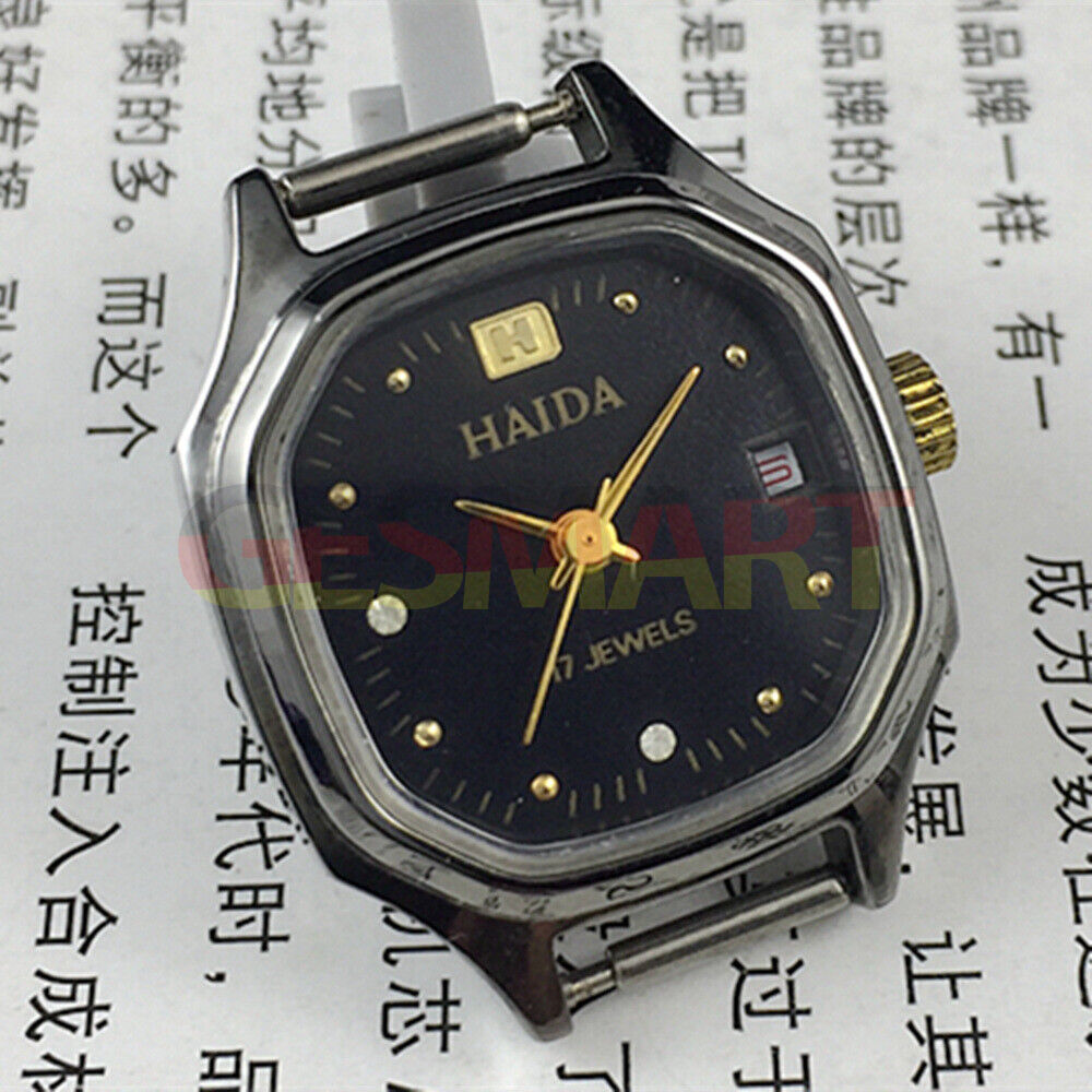 Manual mechanical lady watch with octagonal case, sparkling imitation diamonds, 17 jewels.