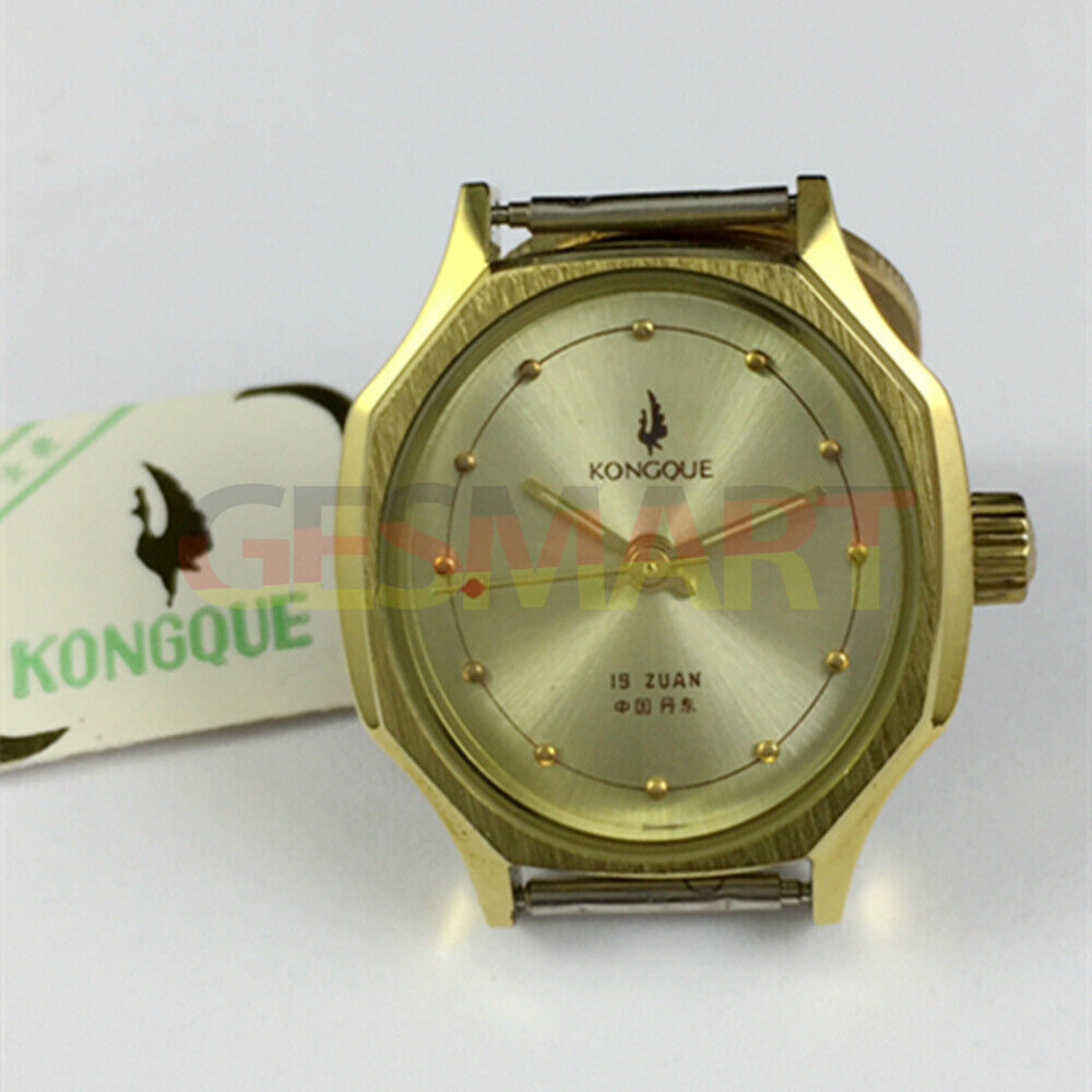 28mm Dandong Kongque lady mechanical watch with golden dial, 19 jewels, elegant manual winding timepiece.