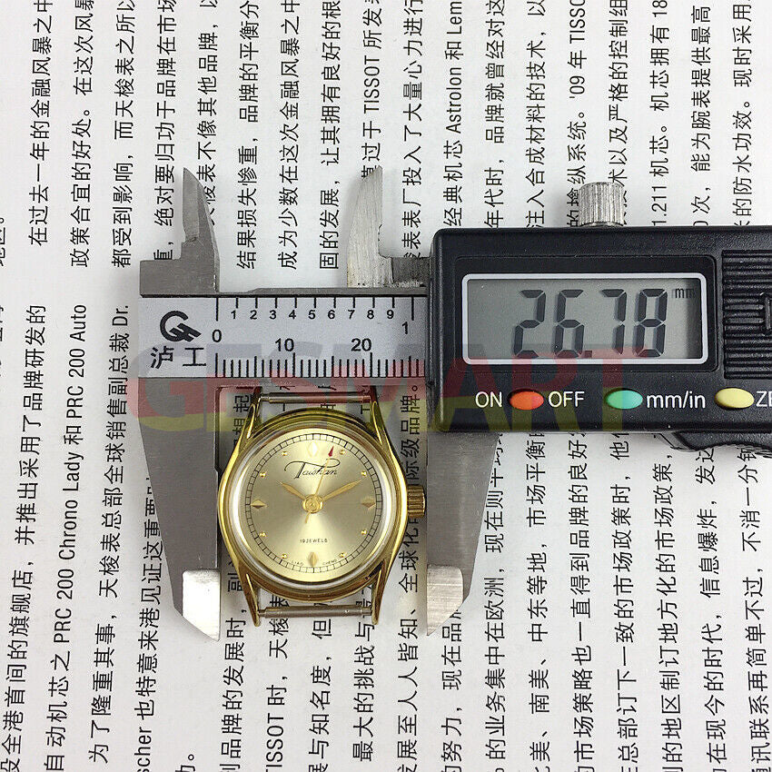 Liaocheng TAISHAN lady watch with 19 jewels, golden nail markers, and elegant gold-tone case for refined style.