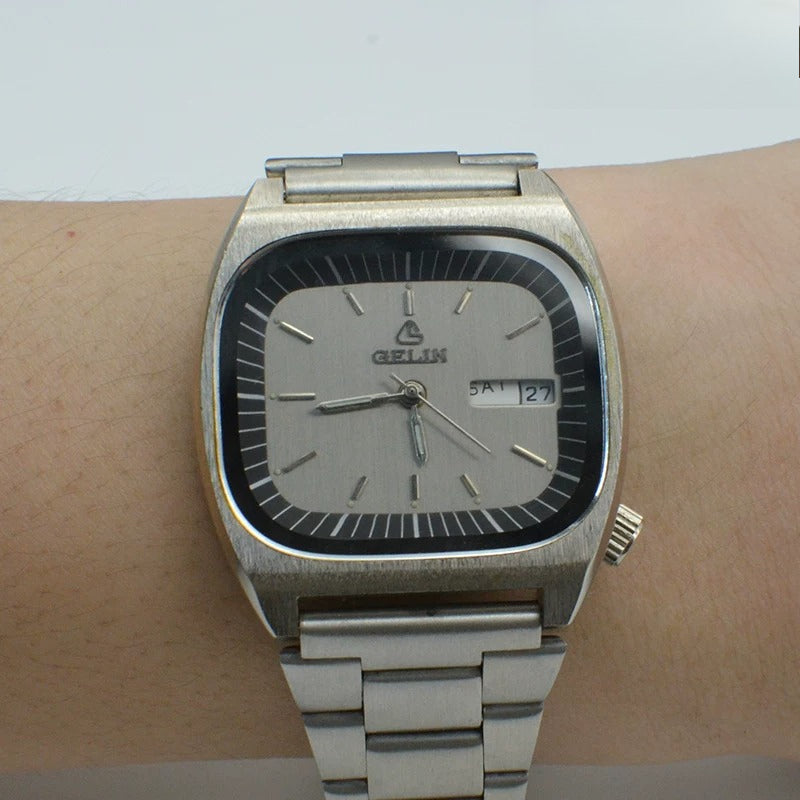 Gelin Men's Mechanical Watch All Silver Steel Bracelet Business Vintage NOS