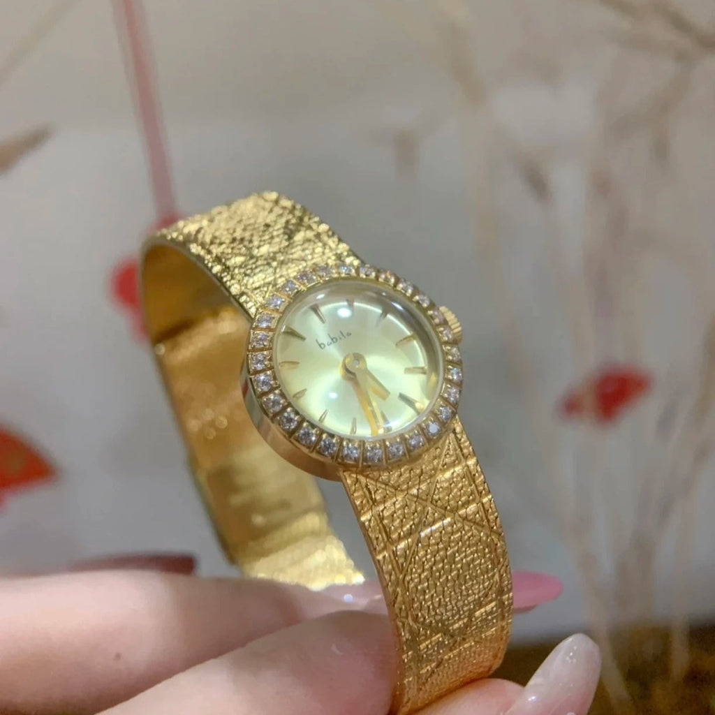 BABILA Ladies Small Gold Crystal-Set Dial Watch Japan Vintage Light Luxury