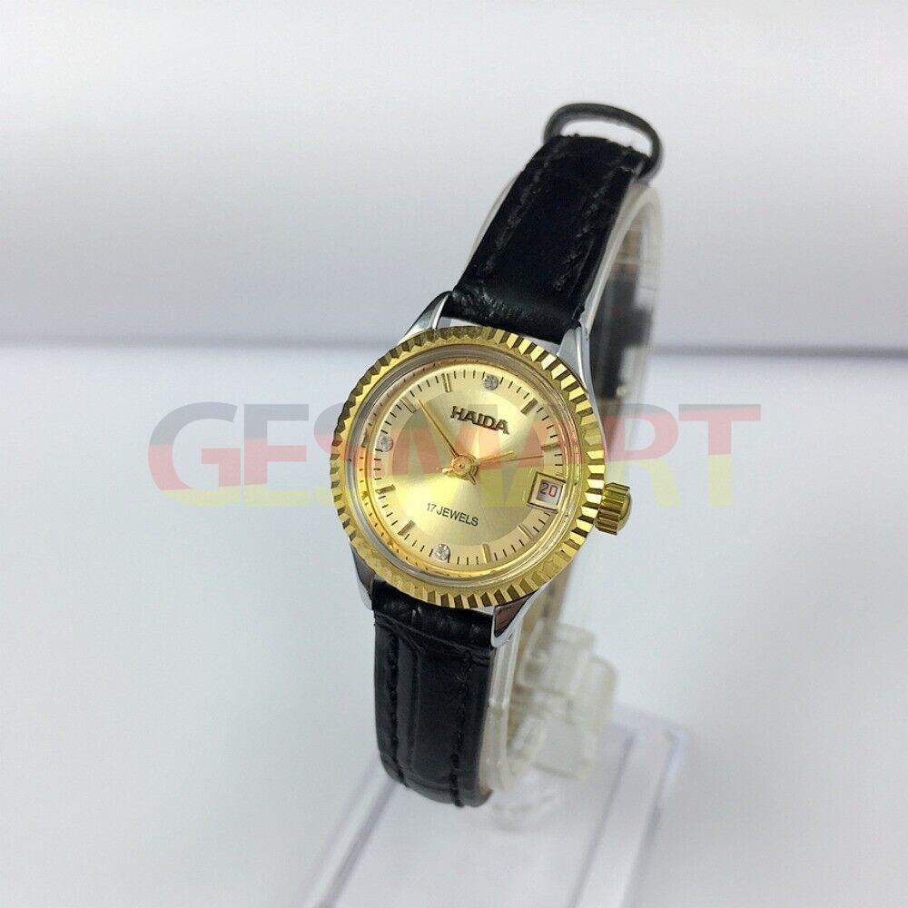 HAIDA 23mm women's mechanical watch with golden nail accents, 17 jewels, and round gold case for elegant style.