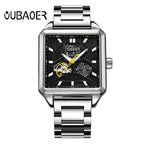 GESMART Men's Square Skeleton Automatic Mechanical Watch Steel Band Water Resistant Fashion Trendy