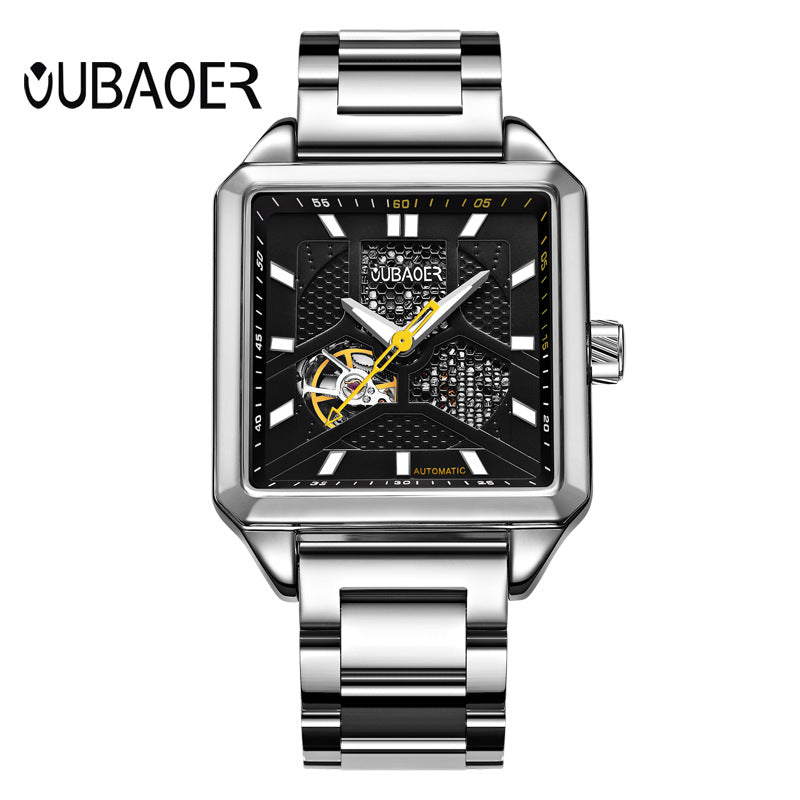 GESMART Men's Square Skeleton Automatic Mechanical Watch Steel Band Water Resistant Fashion Trendy