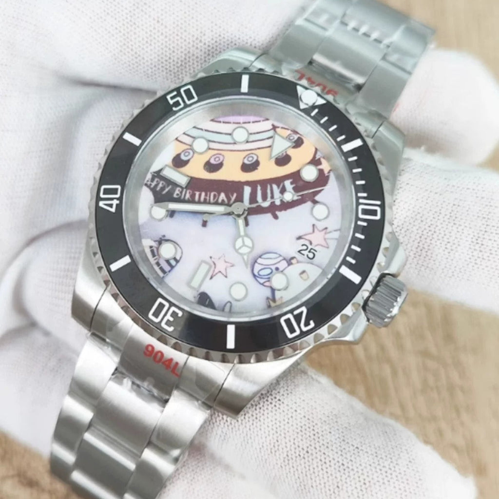 Men's 40mm Mechanical Watch NH35 Sapphire Cartoon Space Dial Canvas Strap