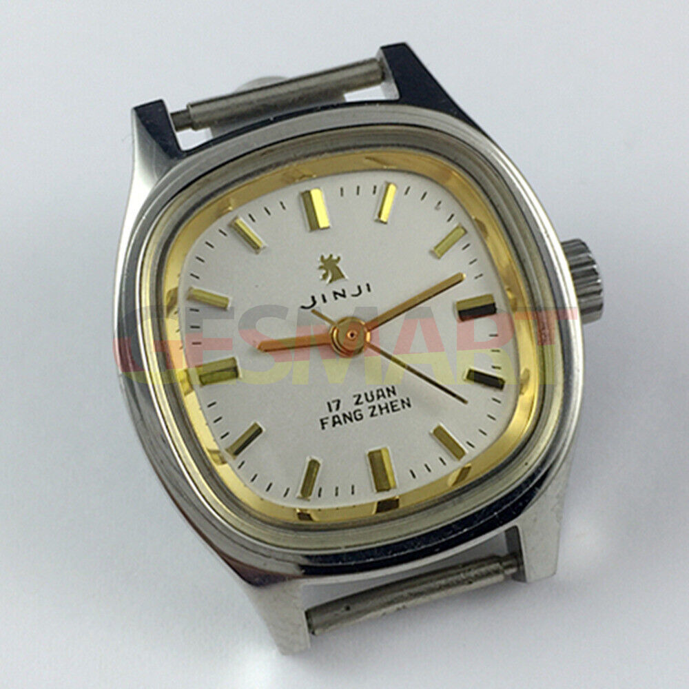 24mm SHANGHAI JINJI lady watch with 17 jewels, golden nail markers, square case, manual mechanical movement.