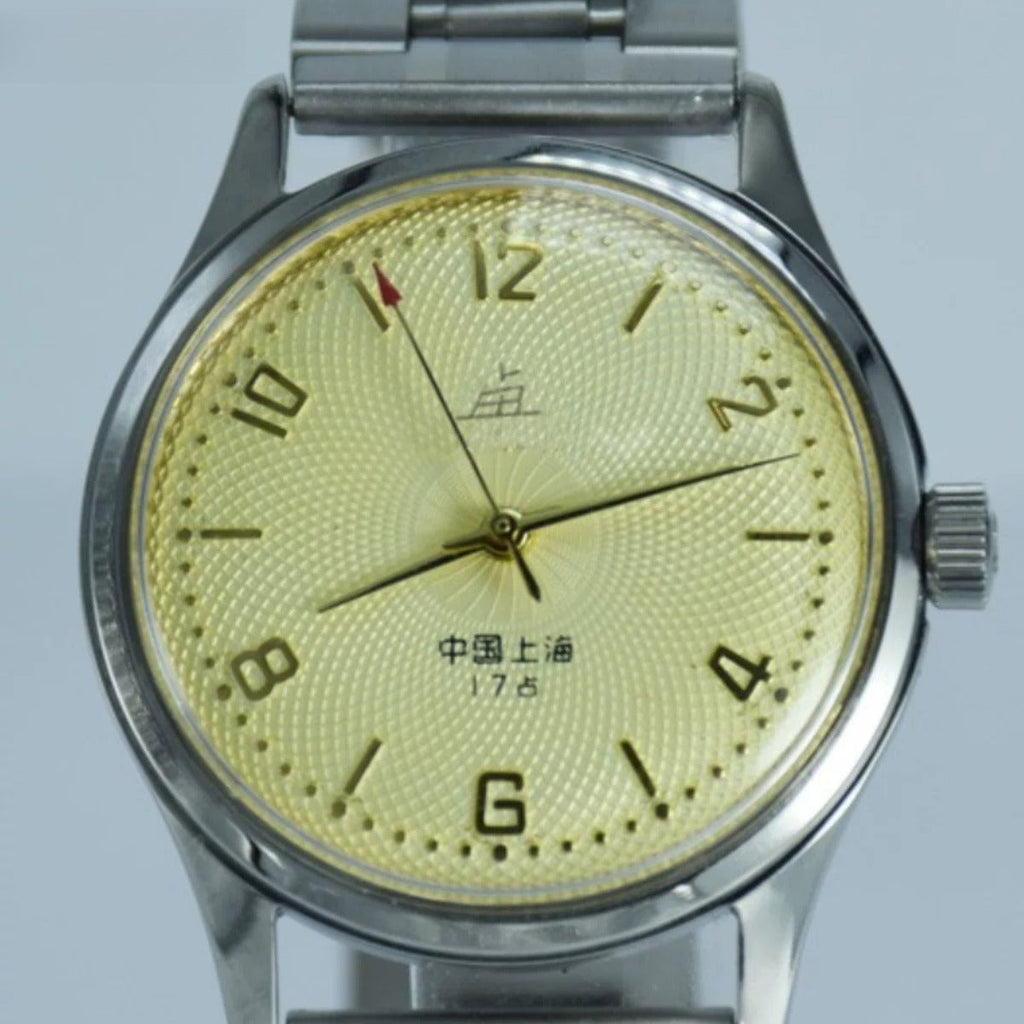 Shanghai Men's Manual Wind Mechanical Watch Round Steel Bracelet NOS