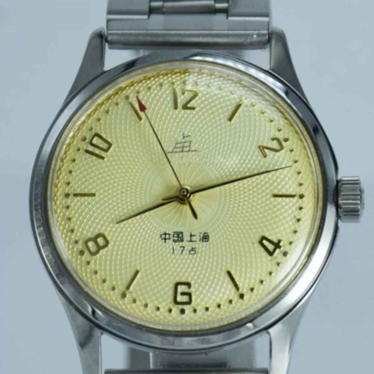 Shanghai Men's Manual Wind Mechanical Watch Round Steel Bracelet NOS