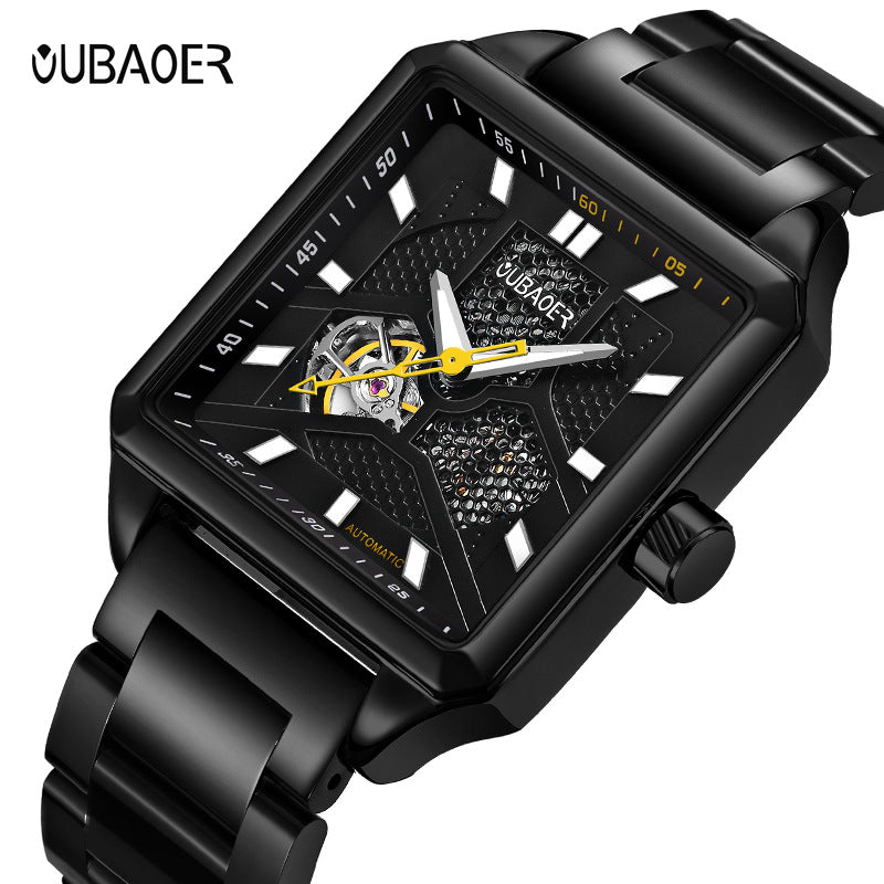 GESMART Men's Square Skeleton Automatic Mechanical Watch Steel Band Water Resistant Fashion Trendy
