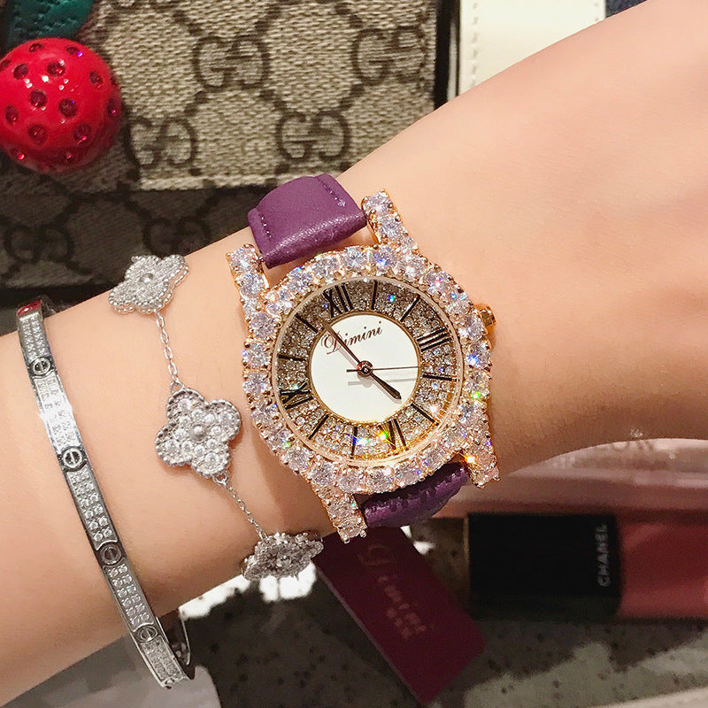 GESMART Women's Diamond Studded Roman Numeral Leather Band Quartz Watch Fashion Versatile Water Resistant
