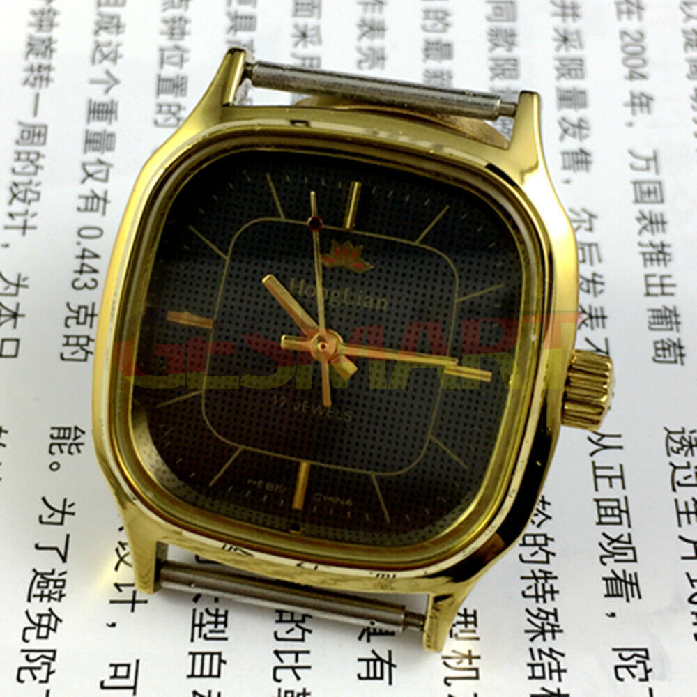 HONGLIAN 34mm manual mechanical watch with black dial, gold nail markers, and square gold case for stylish wristwear.