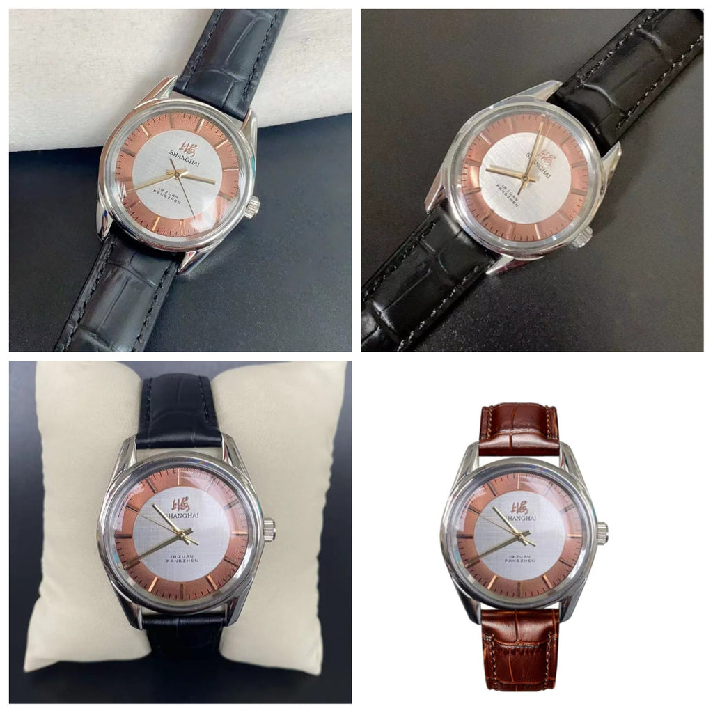 Shanghai Men's Manual Wind Mechanical Watch All Steel Genuine Leather Strap NOS