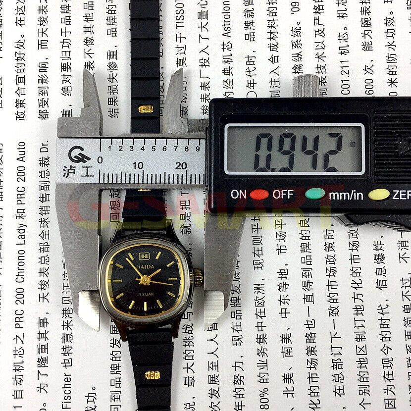 Gold HAIDA 23mm manual mechanical lady watch with black dial, 17 jewels, and 3 hands for elegant style.