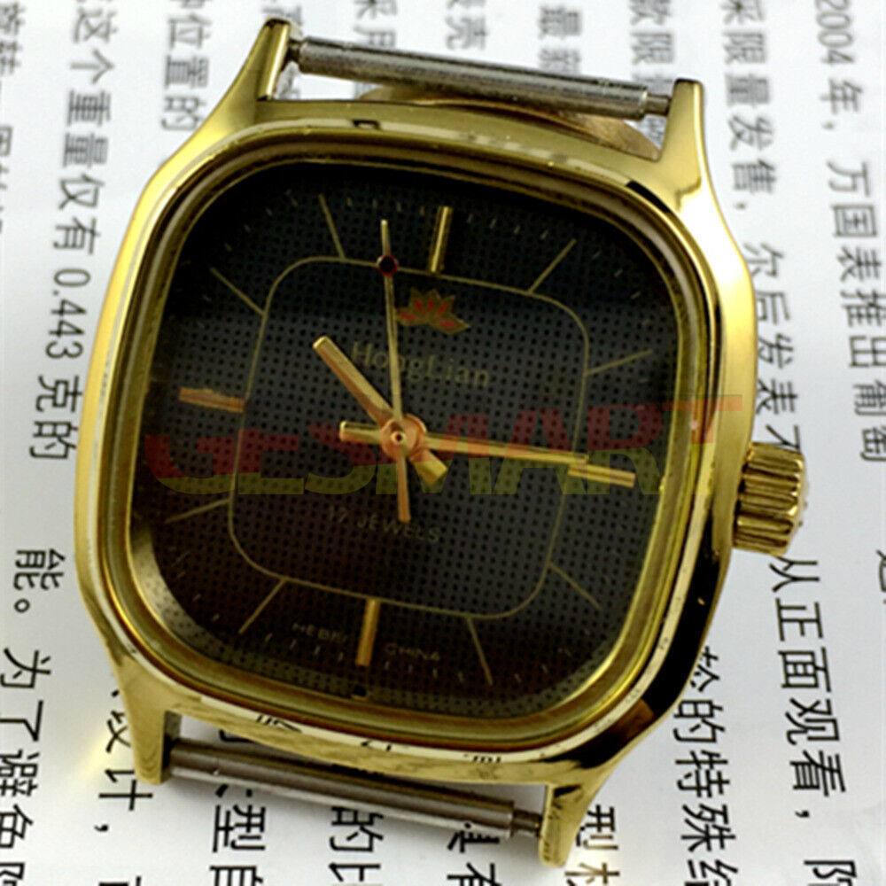 HONGLIAN 34mm manual mechanical watch with black dial, golden nail markers, and a square golden case for elegant style.
