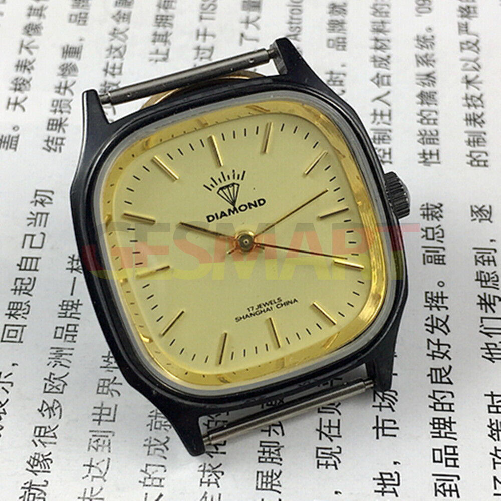 Black square 32mm Shanghai Made mechanical watch with 17 jewels and diamond accents, elegant design.
