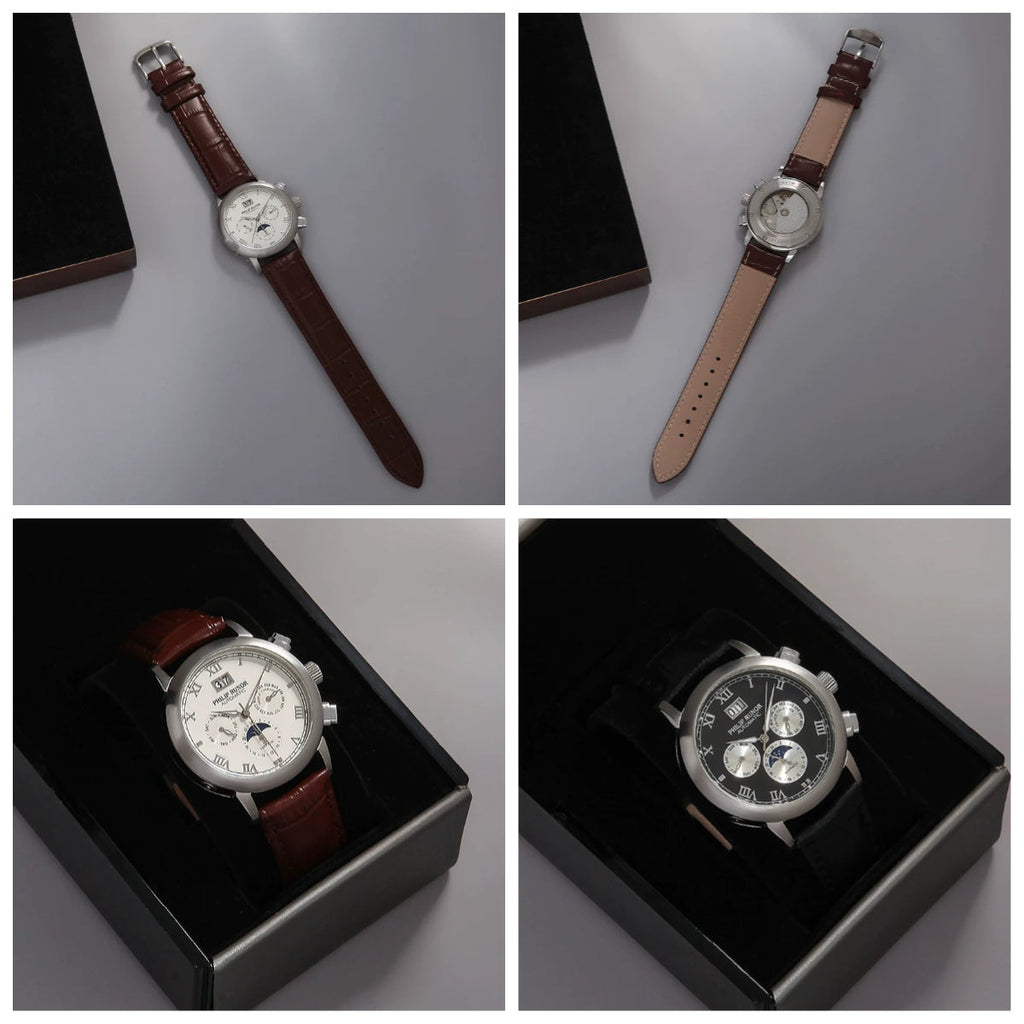 PHILIP RUNOR Men's Automatic Moonphase Watch Genuine Leather NOS New
