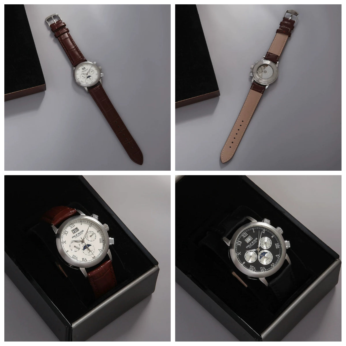PHILIP RUNOR Men's Automatic Moonphase Watch Genuine Leather NOS New