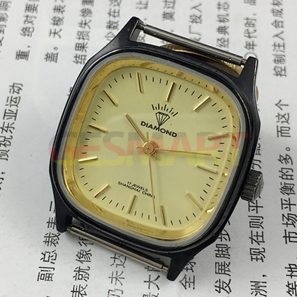Black square 32mm Shanghai Made manual watch with 17 jewels and diamond accents for elegant wear.