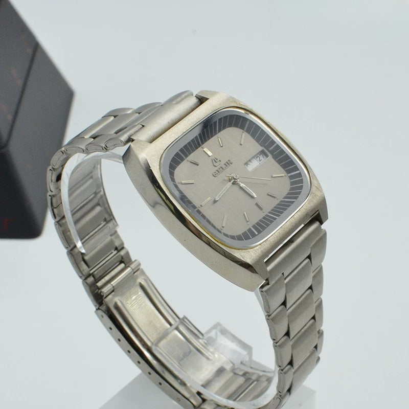 Gelin Men's Mechanical Watch All Silver Steel Bracelet Business Vintage NOS