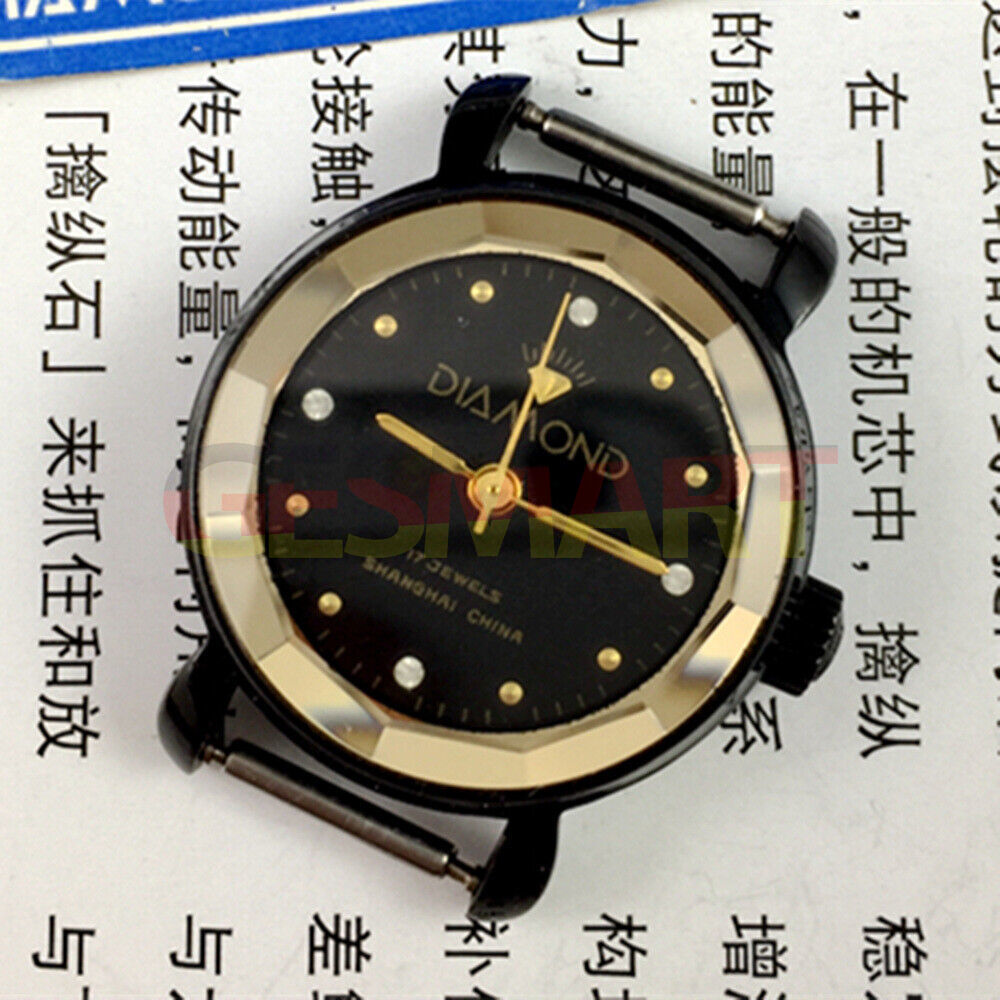 Shanghai Diamond 30mm manual mechanical lady watch with black dial and case, 17-jewel movement for precision.
