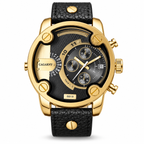 Men's Large-Dial Date Quartz Watch with Leather Strap