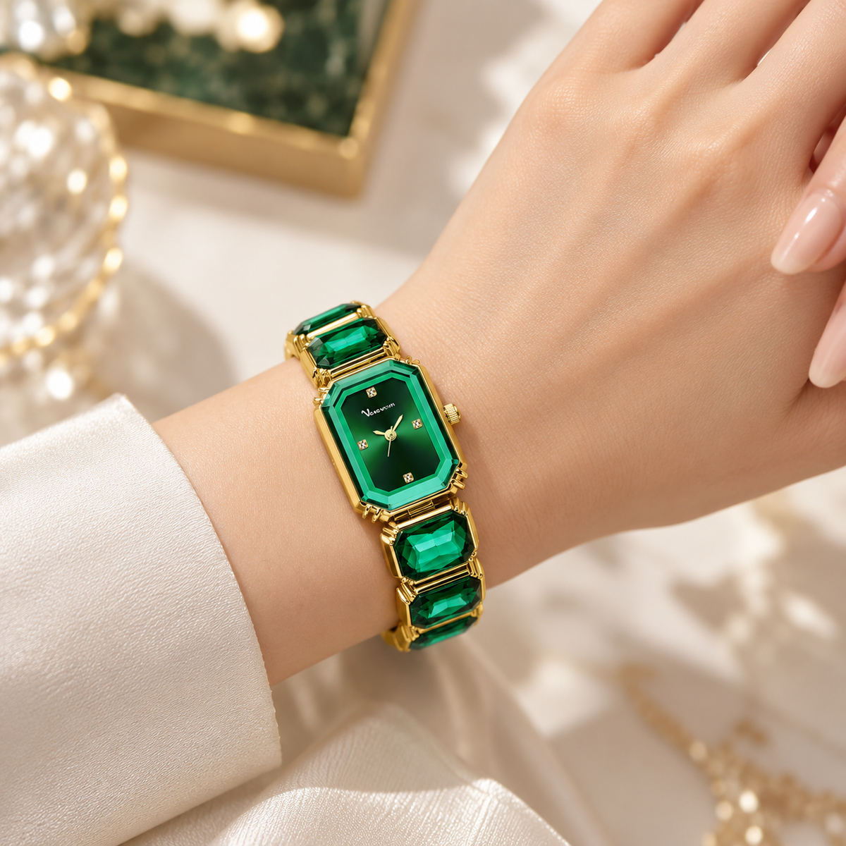 Women's Green Square Rhinestone Watch