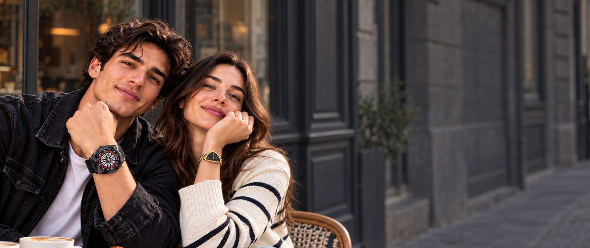 A man and a woman relax on a cafe table outdoors, wearing smartwatches with round black cases and green accents. The man wears a black denim jacket over a white shirt, and the woman wears a cream and black striped sweater.