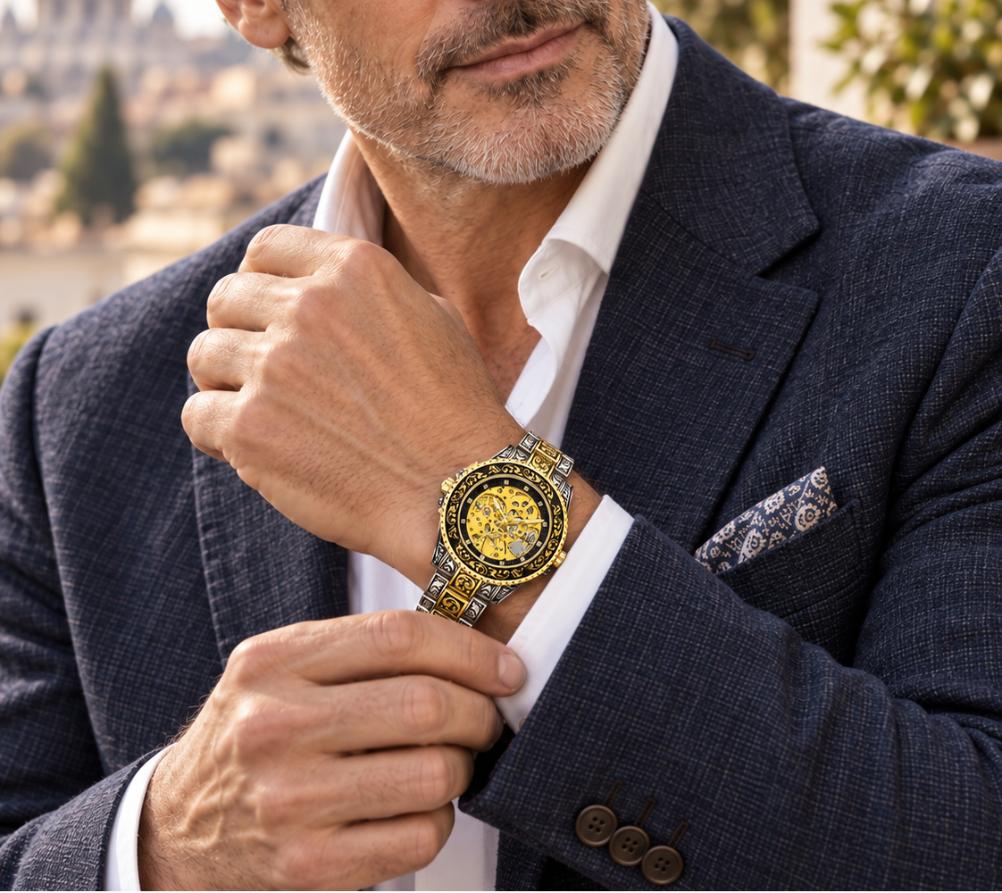 A man in a navy blue suit and white shirt wearing a gold and silver two-tone wristwatch, with a blurred outdoor cityscape in the background.