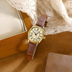 Women's Vintage Tonneau Leather-Strap Quartz Watch