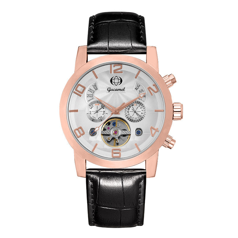 GESMART Men's Tourbillon Automatic Mechanical Watch Perpetual Calendar Leather Band Business