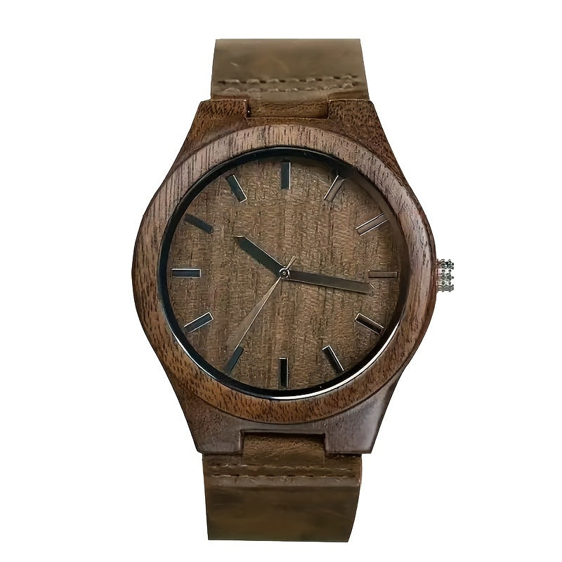 Men's Walnut Wood Genuine-Leather Minimalist Quartz Watch