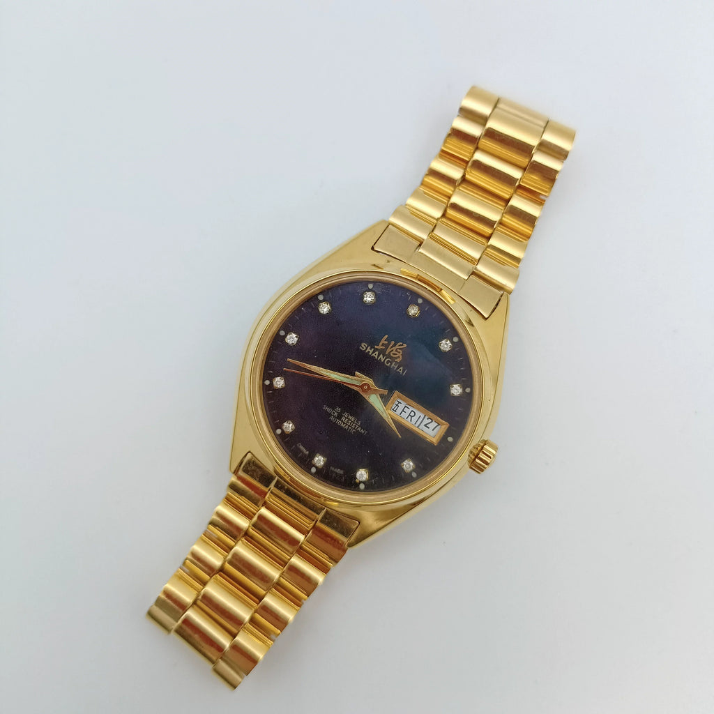 Vintage Men's Automatic Mechanical Watch Day-Date Exhibition Back Black Dial NOS